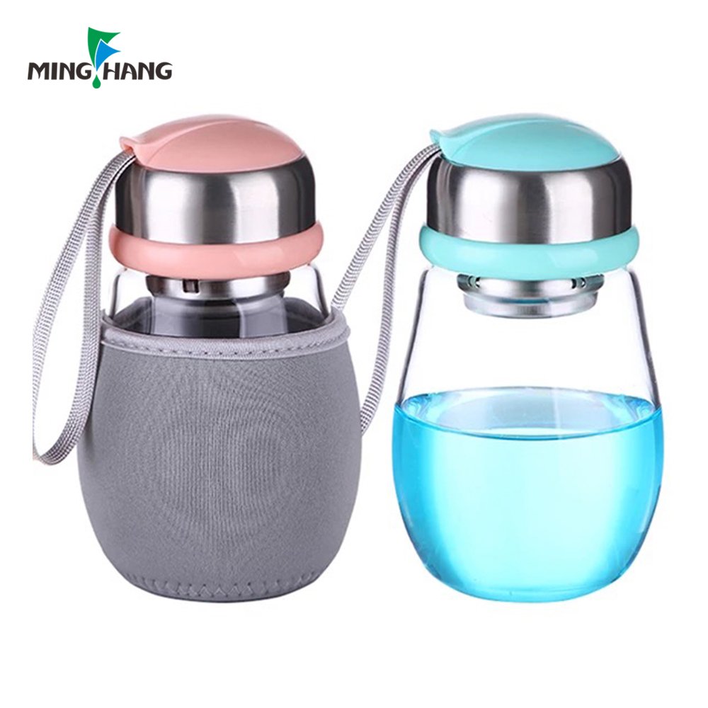 Customized water bottles sports 500ml round glass water bottle with nylon sleeve