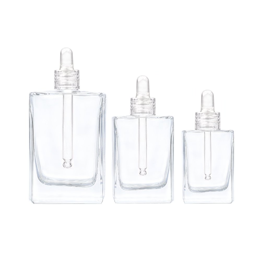 Custom 1 oz rectangular square clear amber essential oil serum bottles 30ml 50ml 100ml black glass dropper bottle with box
