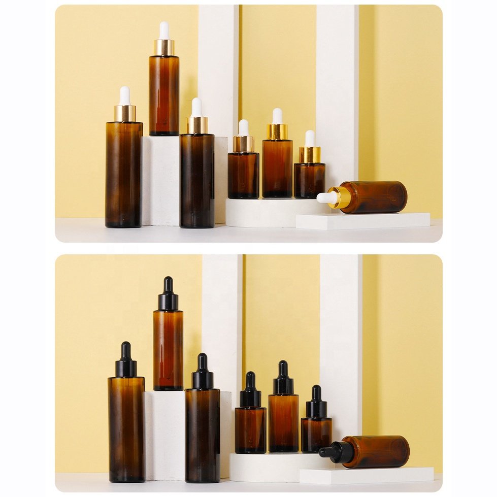 Flat shoulder amber glass bottle 20 ml 30 ml 40 ml 60 ml dropper bottle with dropper pipette for essential oil