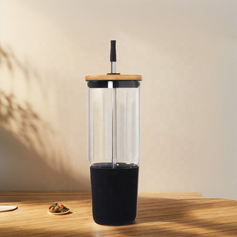 Custom 1000ml Silicone Sleeve Drinking Glass tumbler Water Bottle with Bamboo Lid and Straw