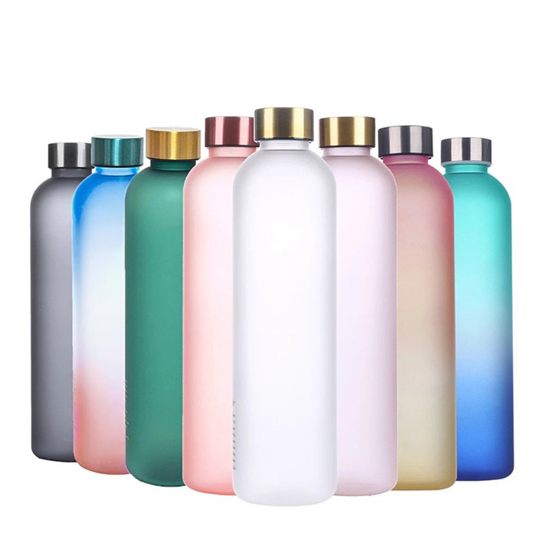 BPA free time marker and motivation sport water bottle frosted glass bottle with different lids