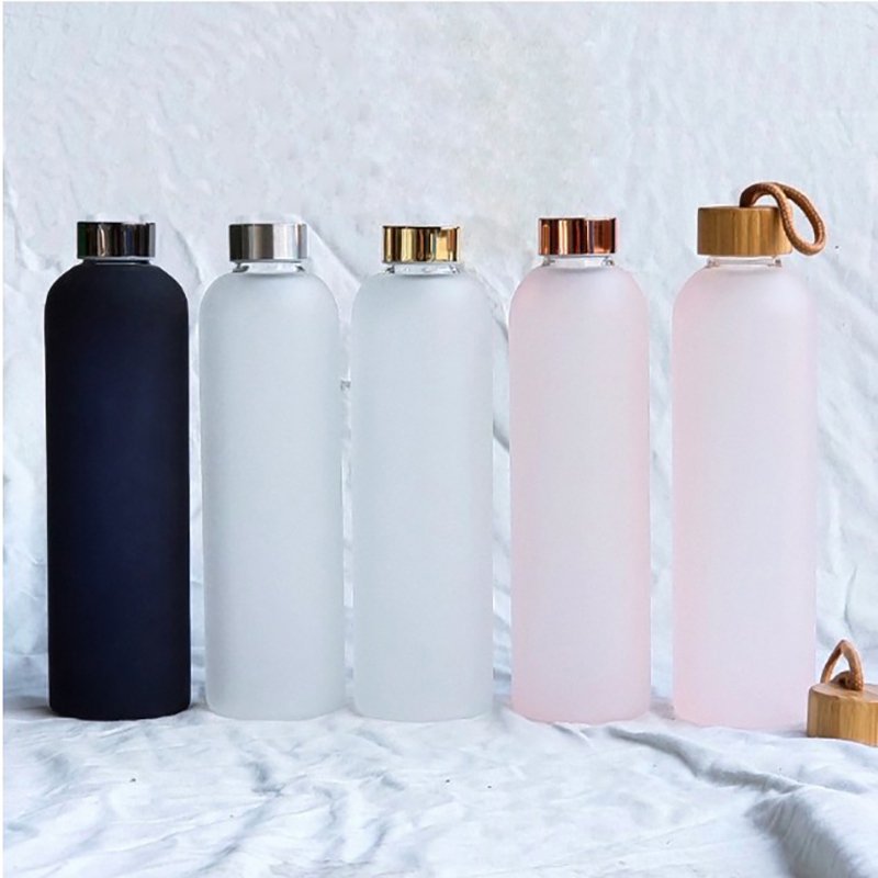 BPA free time marker and motivation sport water bottle frosted glass bottle with different lids