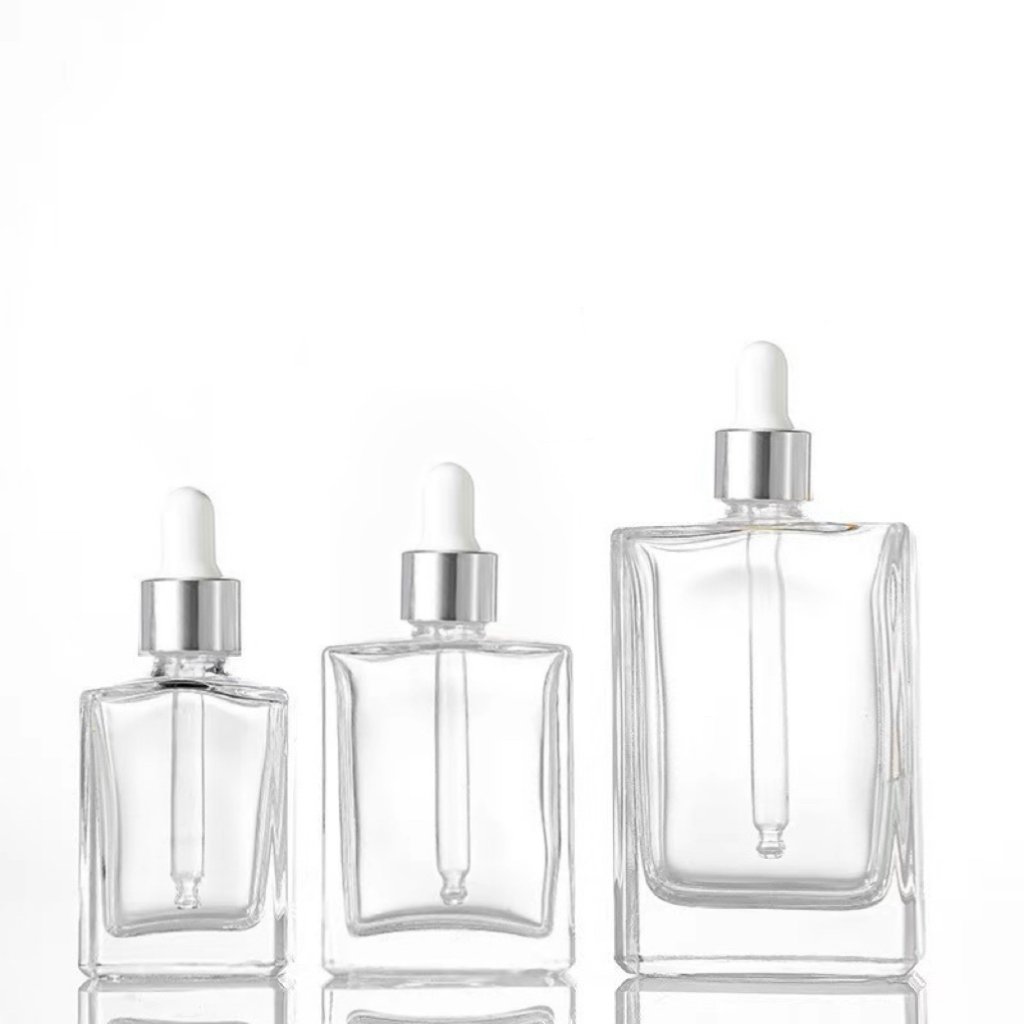Sample cosmetics packaging empty perfume glass bottle square rectangle glass dropper bottle 100ml