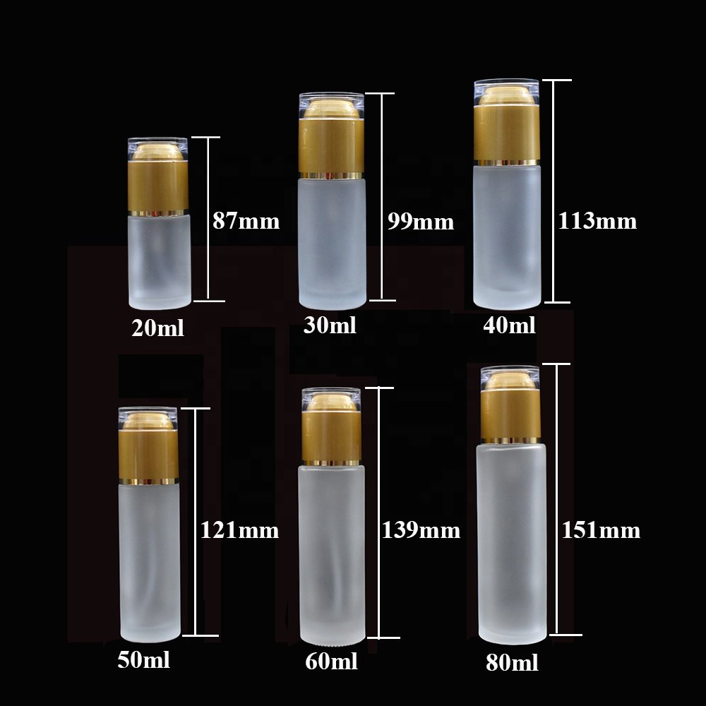 Mini size 20ml 30ml 40ml 50ml 60ml 80ml matt flat shoulder glass serum cream bottle with lotion pump cap for essential oil