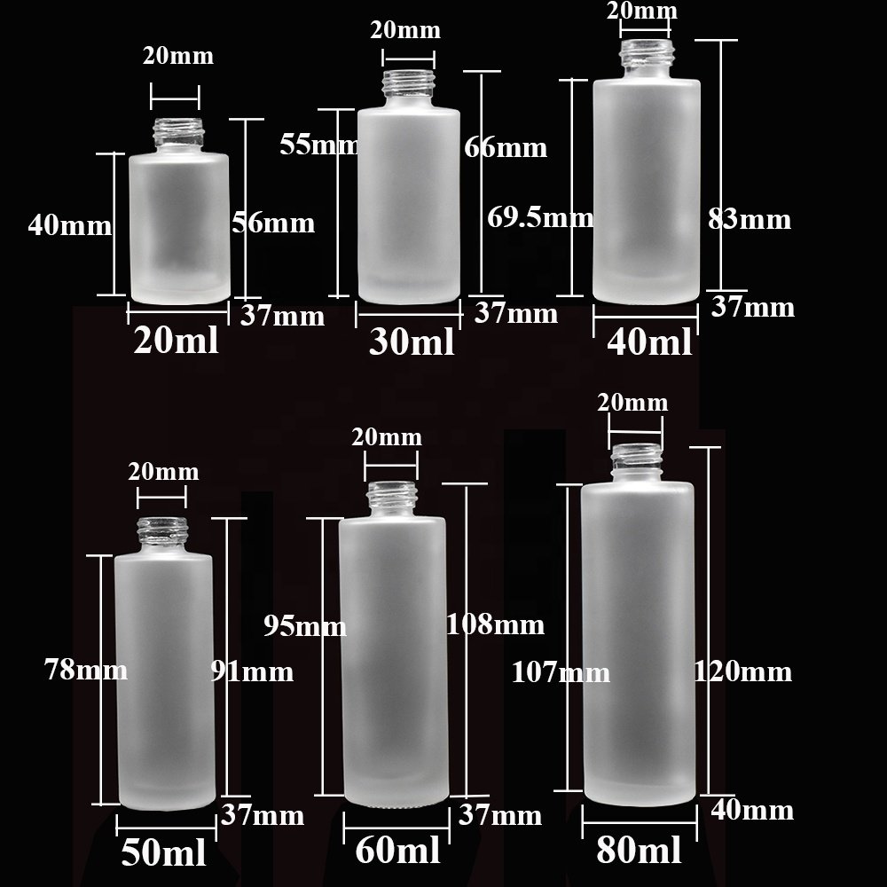 Mini size 20ml 30ml 40ml 50ml 60ml 80ml matt flat shoulder glass serum cream bottle with lotion pump cap for essential oil