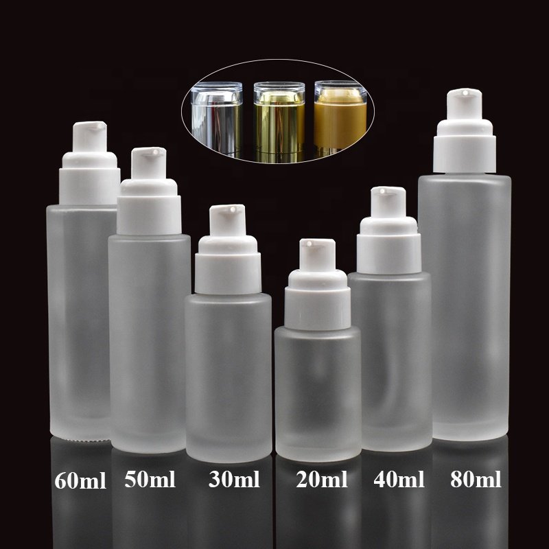 Mini size 20ml 30ml 40ml 50ml 60ml 80ml matt flat shoulder glass serum cream bottle with lotion pump cap for essential oil