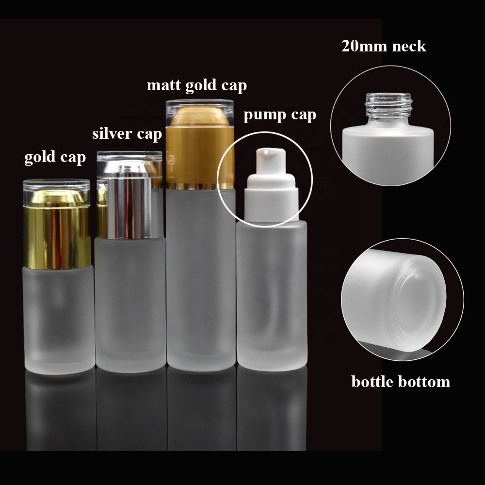 Mini size 20ml 30ml 40ml 50ml 60ml 80ml matt flat shoulder glass serum cream bottle with lotion pump cap for essential oil