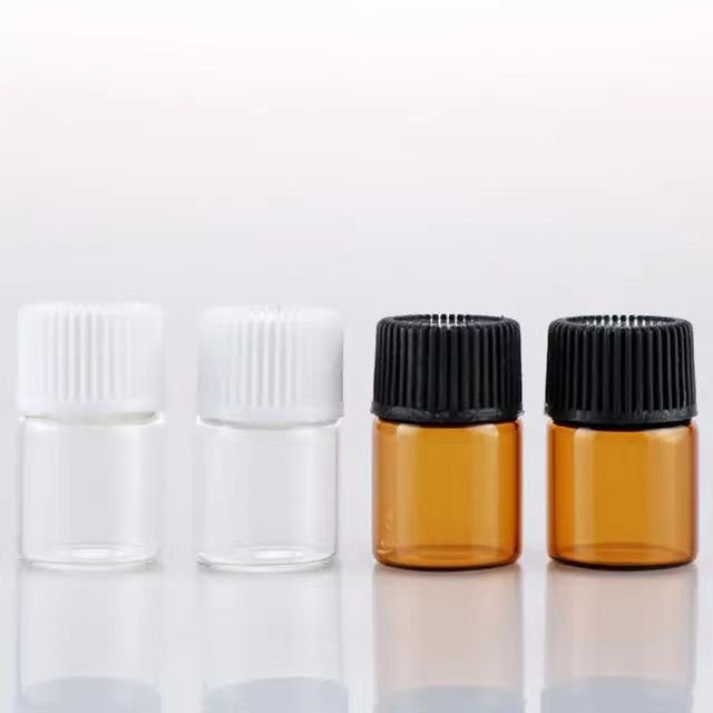 Wholesale essential oil glass bottle 1ml 2ml 3ml 5ml mini sample amber glass vial with nut bottle