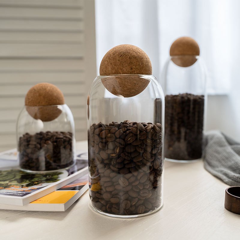 Wholesale High borosilicate glass Transparent storage jar with cork ball lid