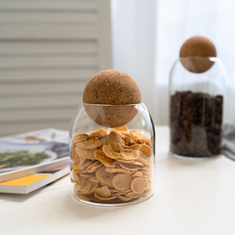 Wholesale High borosilicate glass Transparent storage jar with cork ball lid