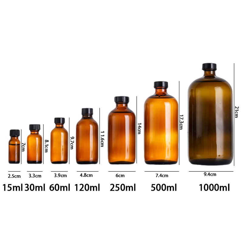 Wholesales customization 15ml 30ml 60ml 120ml 250ml 500ml 1000ml clear amber boston round glass bottle for cosmetic industry
