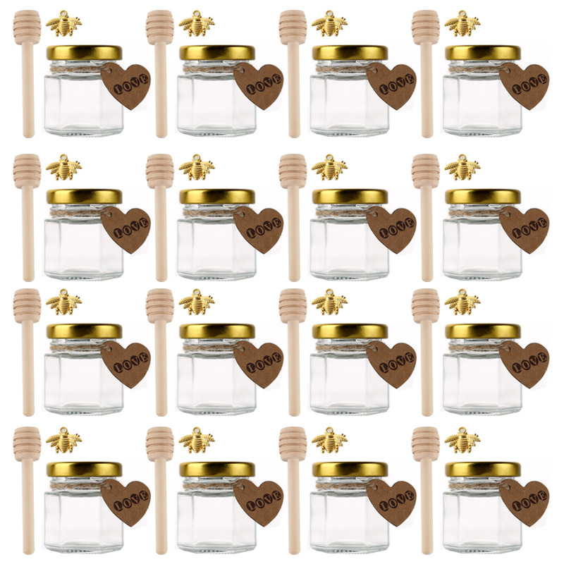 45ml Hexagonal Mini Honey Jar Wood Dipper Bee Jute Rope Small Glass Bottle For Gift Wedding Favors