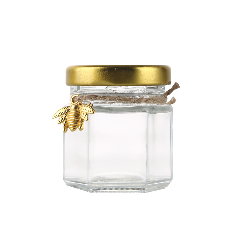 45ml Hexagonal Mini Honey Jar Wood Dipper Bee Jute Rope Small Glass Bottle For Gift Wedding Favors
