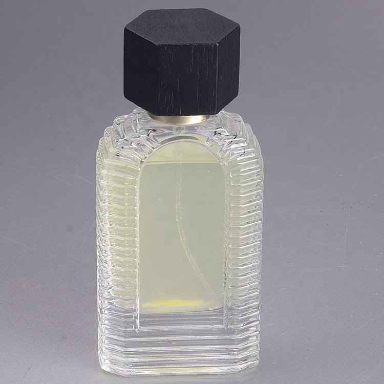 Customized 100ml glass perfume bottle luxury clear spray glass bottle glass perfume bottles with Sprayer wooden lids cap