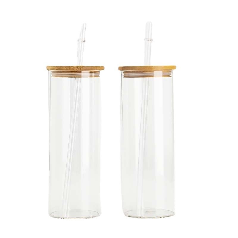 16oz thermal sublimation bamboo cover glass bottle transparent frosted gradient transfer printed glass straw cup