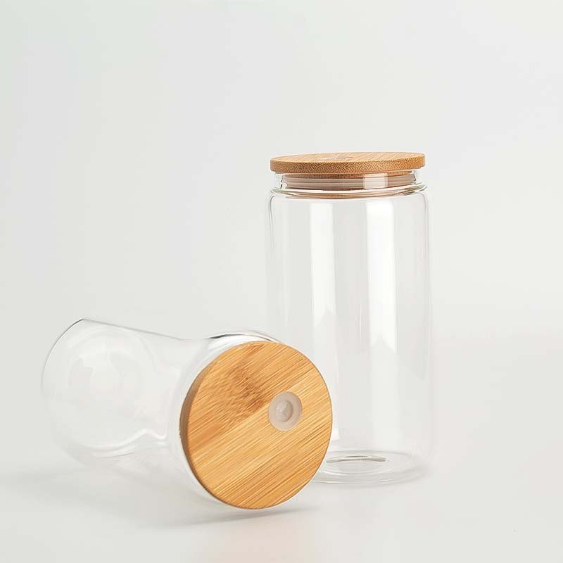 16oz thermal sublimation bamboo cover glass bottle transparent frosted gradient transfer printed glass straw cup