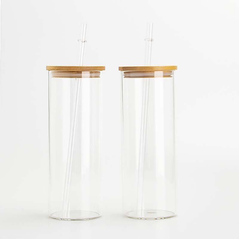 16oz thermal sublimation bamboo cover glass bottle transparent frosted gradient transfer printed glass straw cup