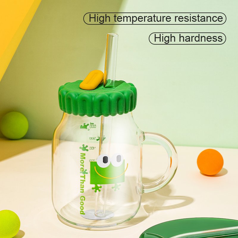 Wholesale Cartoon Borosilicate Glass Bottle Coffee Mug Clear Water Bottle With Straw and Handle