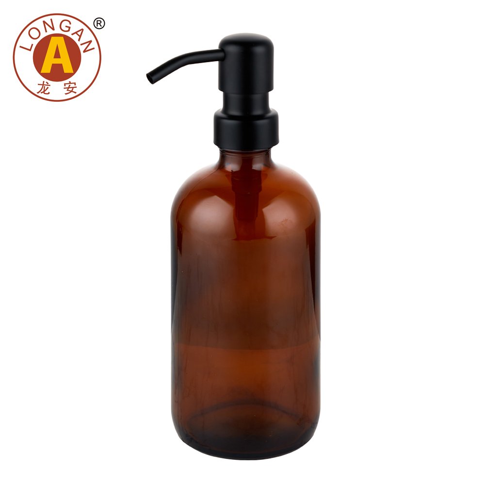 Longan 16oz 500ml Boston Round Glass Bottle With 304 Stainless Steel Lotion Pump Glass Bottle Shampoo Soap Dispenser