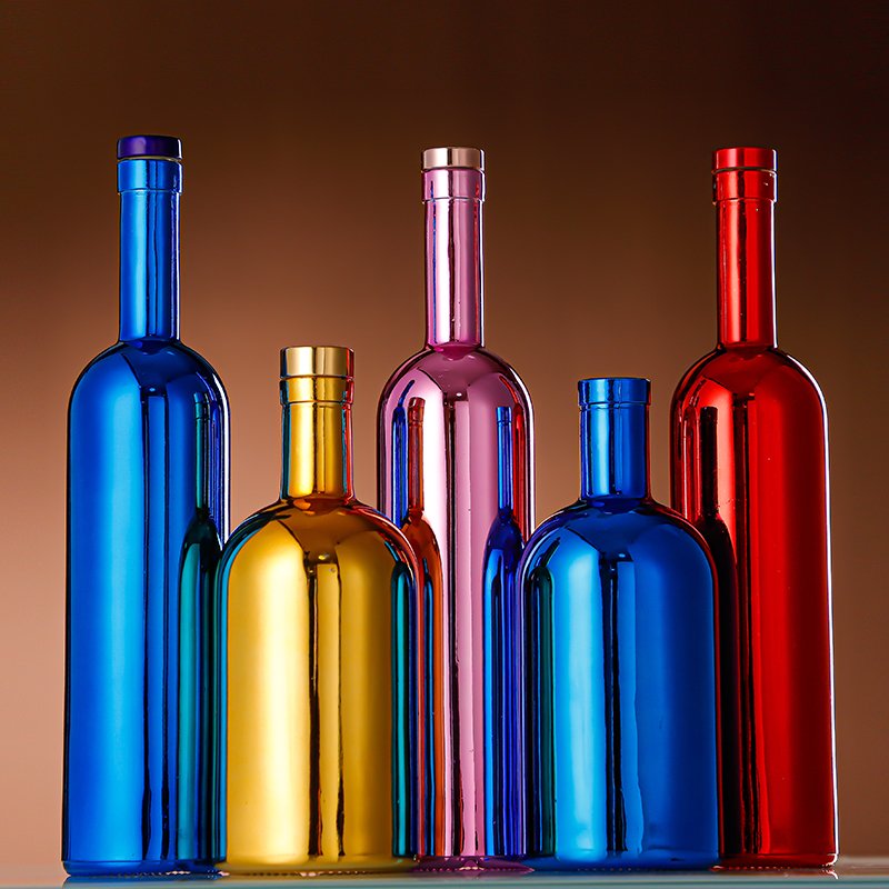 High Quality Luxury Unique 750ml Empty Electroplated Liquor Vodka Glass Wine Bottle with Rubber Stopper