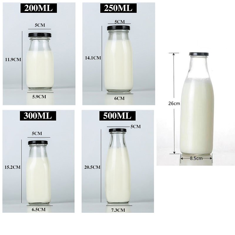 Wholesale sale transparent twist off lids glass milk bottles of various sizes 100ml 200ml 250ml 500ml 1L