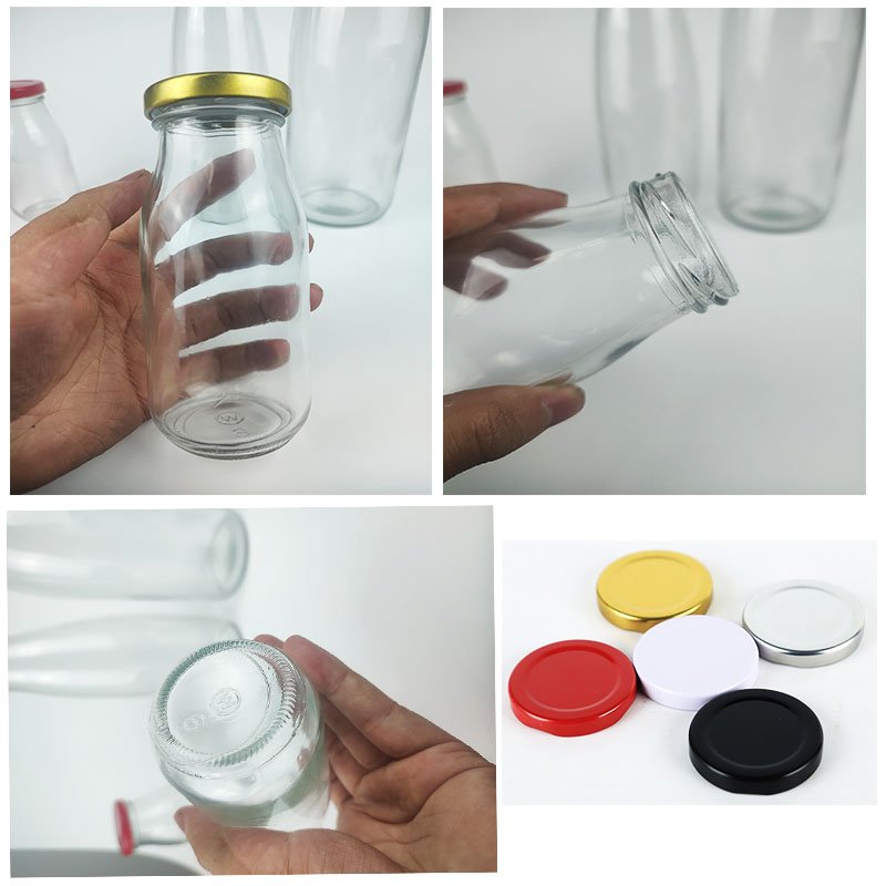 Wholesale sale transparent twist off lids glass milk bottles of various sizes 100ml 200ml 250ml 500ml 1L