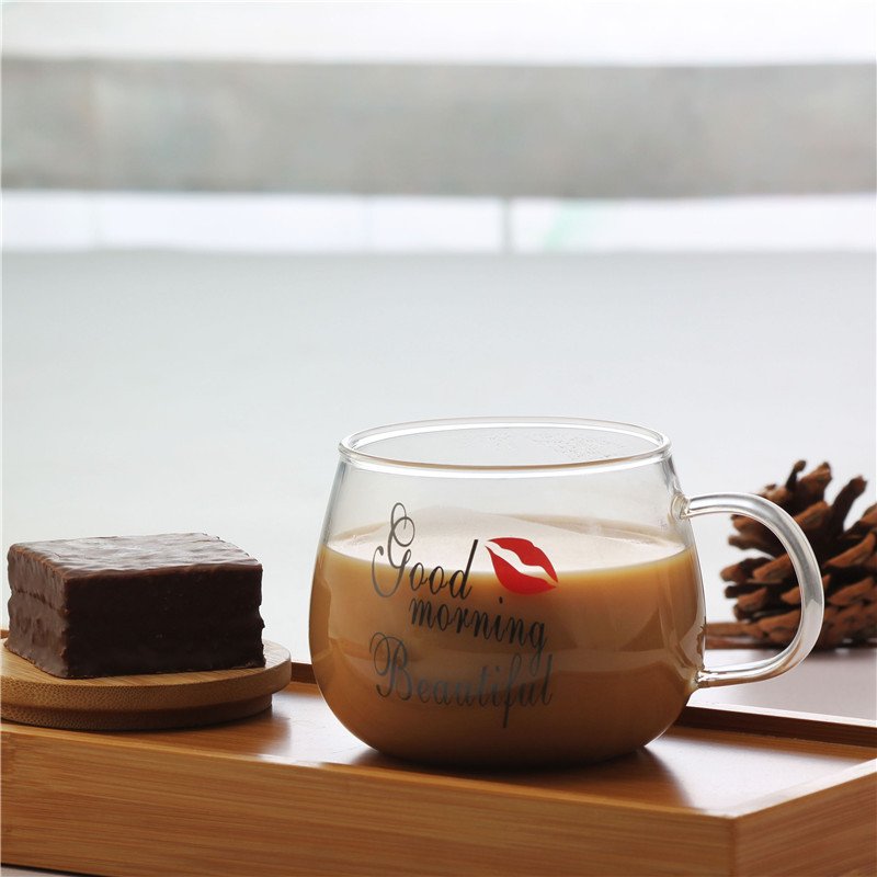 12 oz High Borosilicate Coffee Glass Drink Tea Milk Bottle Cup Mug With Bamboo Wood Lid And Wood Spoon