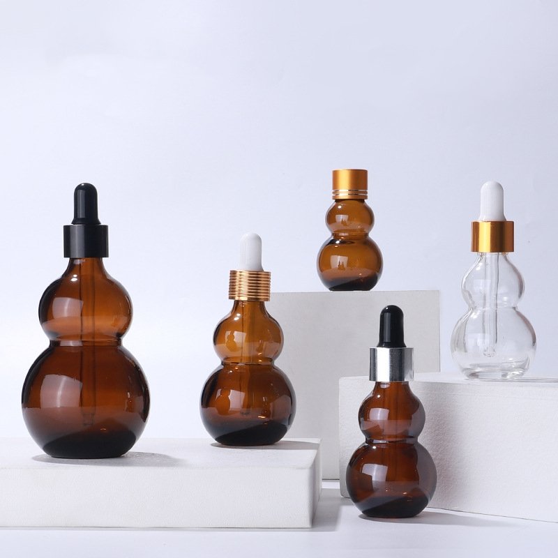 Brown 10ml 20ml 30ml 50ml 100ml Neck Double Gourd Amber Glass Essential Oil Bottle For Personal Care Lotion Bottle