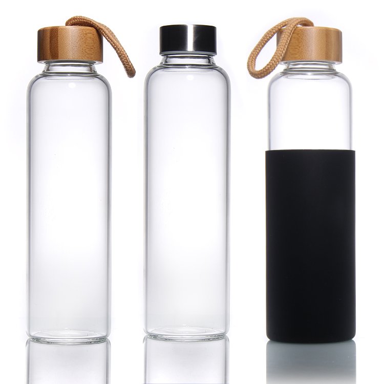 Top Grade 350Ml 500Ml 16Oz 700Ml 1L Transparent High Borosilicate Glass Water Bottle With Bamboo Lid