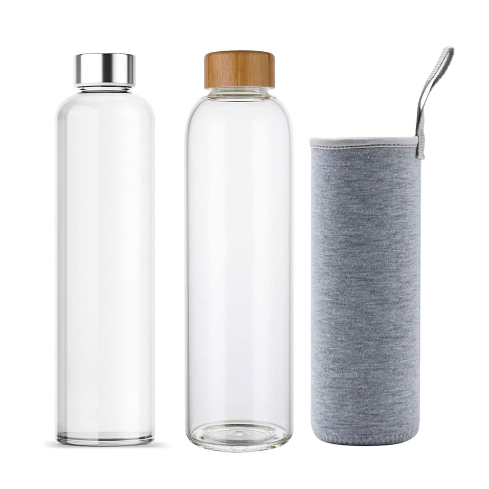 Eco Friendly Bamboo Glass private label 350ML 500ML 700ML 750ML 1000ML Cool Transparent Glass Water Bottle with Sleeve