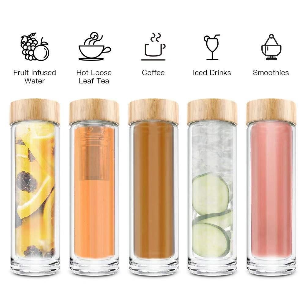 Eco bamboo lid 550ml insulated double wall glass water bottle with stainless steel tea infuser