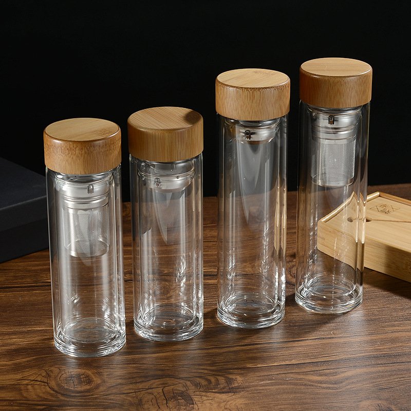 Eco bamboo lid 550ml insulated double wall glass water bottle with stainless steel tea infuser