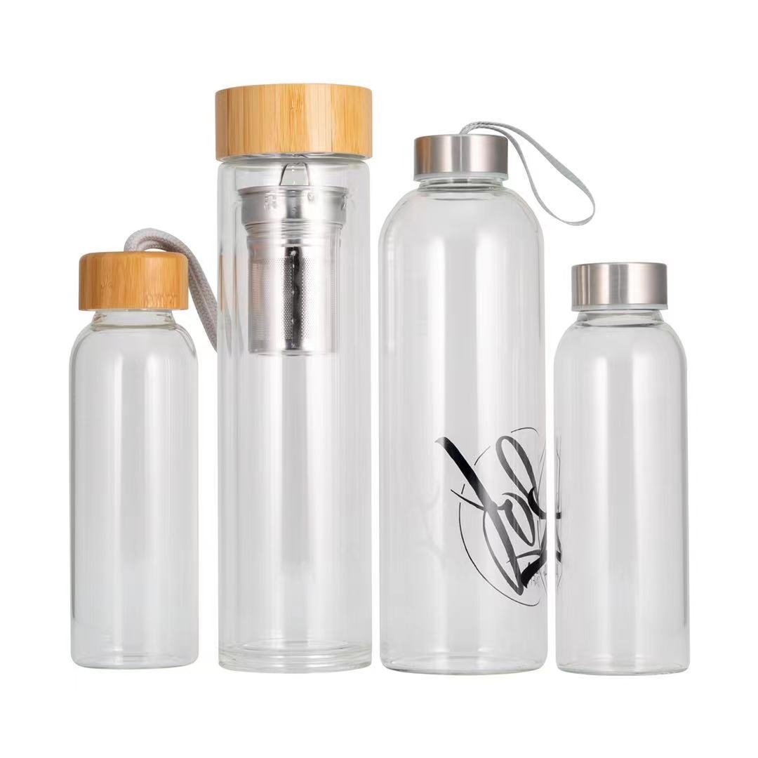 Eco bamboo lid 550ml insulated double wall glass water bottle with stainless steel tea infuser