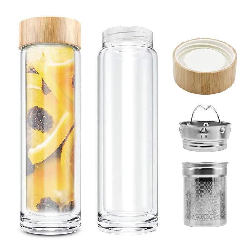 Eco bamboo lid 550ml insulated double wall glass water bottle with stainless steel tea infuser