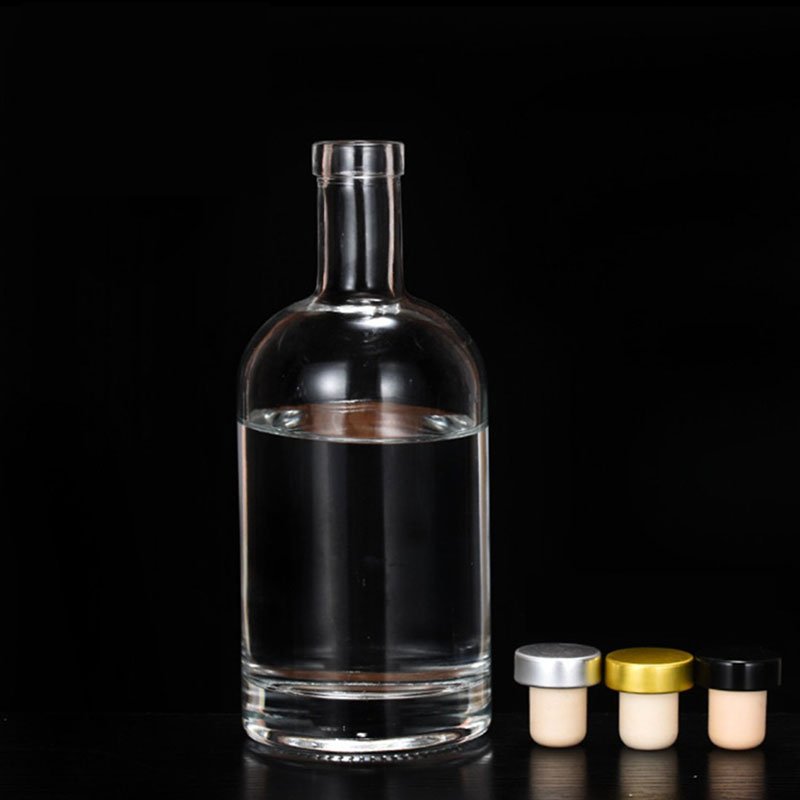 Best Selling Stock 375ml 500ml 750ml 1000ml Round Shape Transparent Glass Bottle For Whiskey Fruity Wine With Polymer Stopper