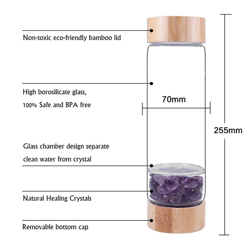 Drop shipping Natural Crystal Water Bottle Healing Obelisk Elixir Quartz Crystal Energized Healthy Glass Bottle With Bamboo Lid