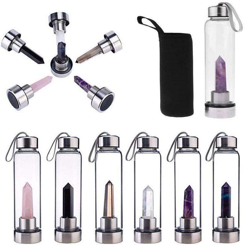 Drop shipping Natural Crystal Water Bottle Healing Obelisk Elixir Quartz Crystal Energized Healthy Glass Bottle With Bamboo Lid