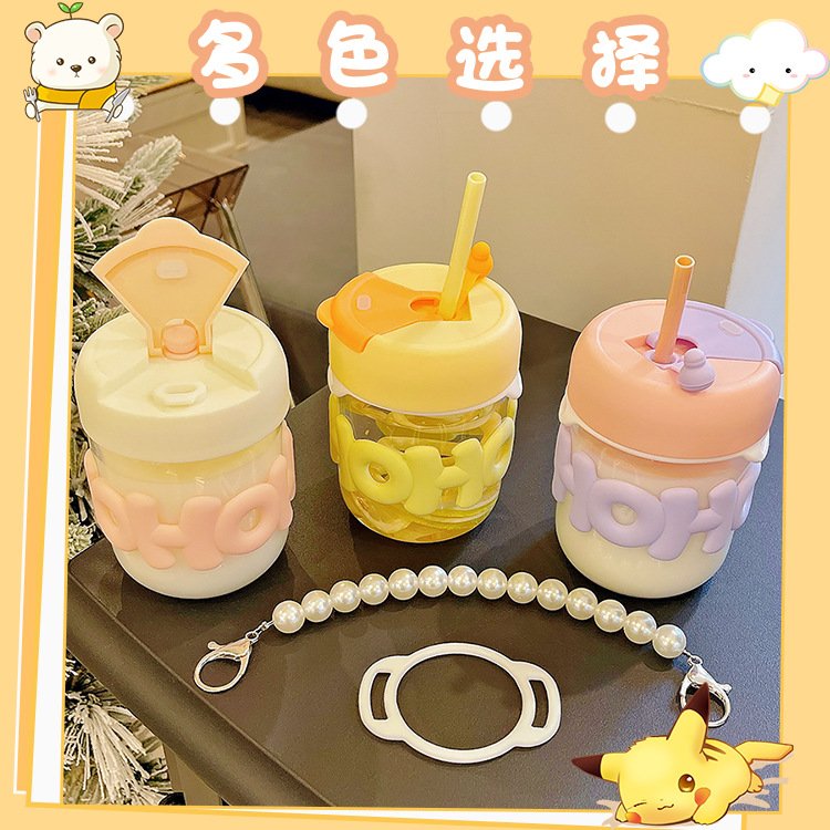 New Ins Girls 400ml Clear Leakproof Juice Milk Drinking Mugs Cup Travel Reusable Glass Water Bottle With Straw