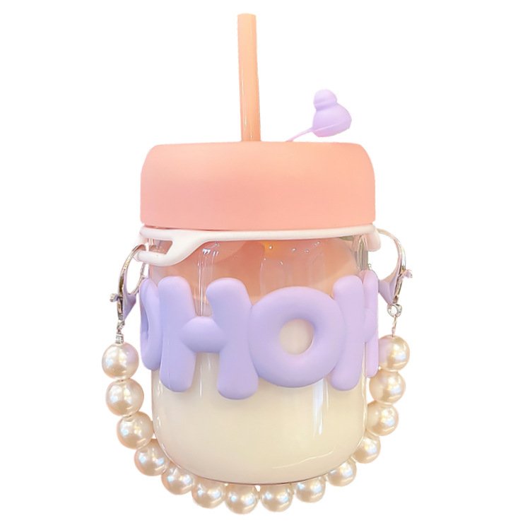 New Ins Girls 400ml Clear Leakproof Juice Milk Drinking Mugs Cup Travel Reusable Glass Water Bottle With Straw