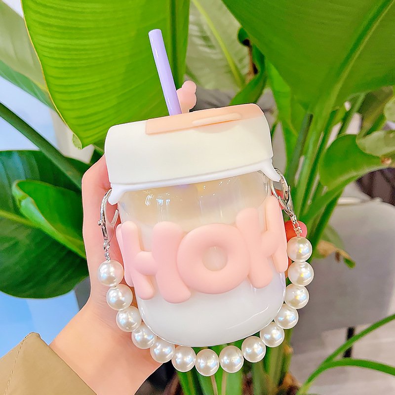 New Ins Girls 400ml Clear Leakproof Juice Milk Drinking Mugs Cup Travel Reusable Glass Water Bottle With Straw