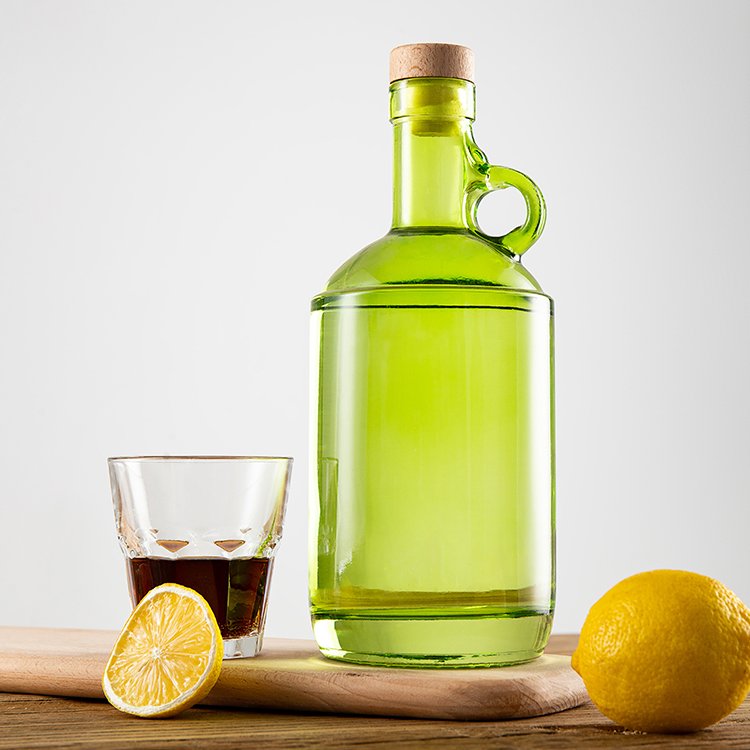 750ml 25OZ Flint Round Moonshine Spirits Glass Bottle With Straight Body Panel Design & Single Finger Pistol Grip Handle