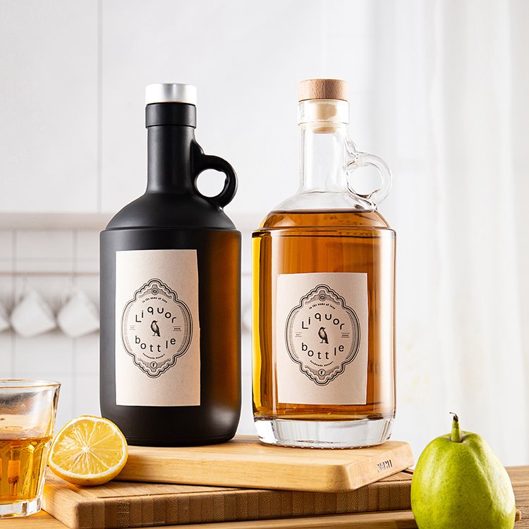 750ml 25OZ Flint Round Moonshine Spirits Glass Bottle With Straight Body Panel Design & Single Finger Pistol Grip Handle