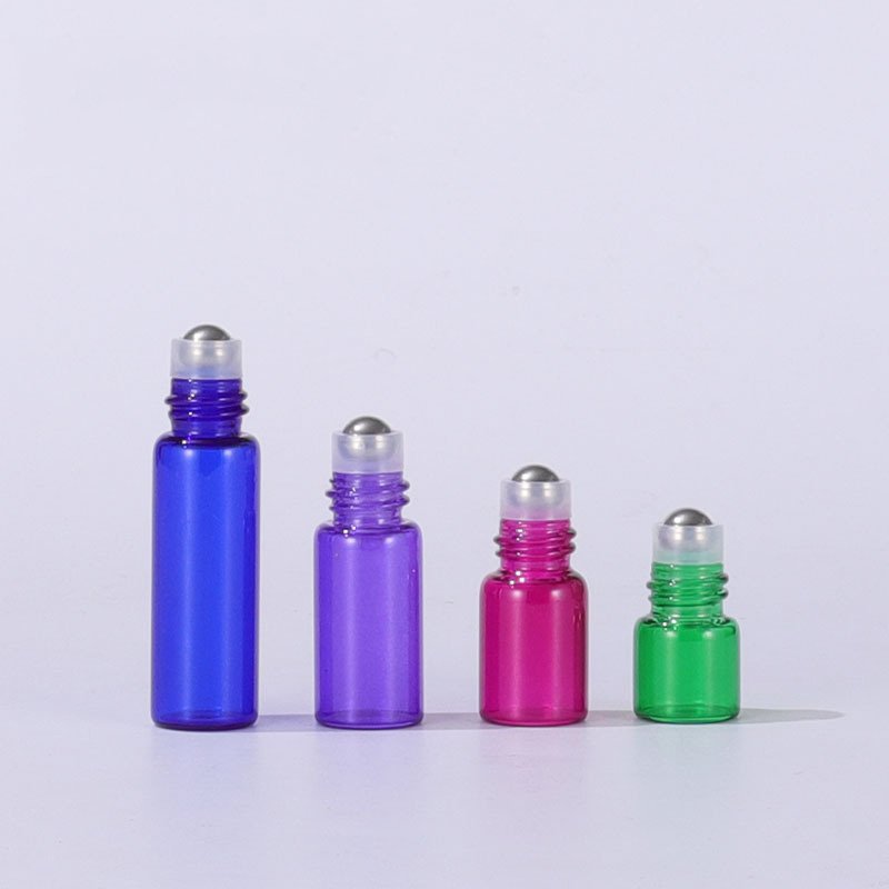Wholesale essential oil perfume roller bottle clear amber blue pink purple green 1ml 2ml 3ml 5ml glass roll on bottle with cap