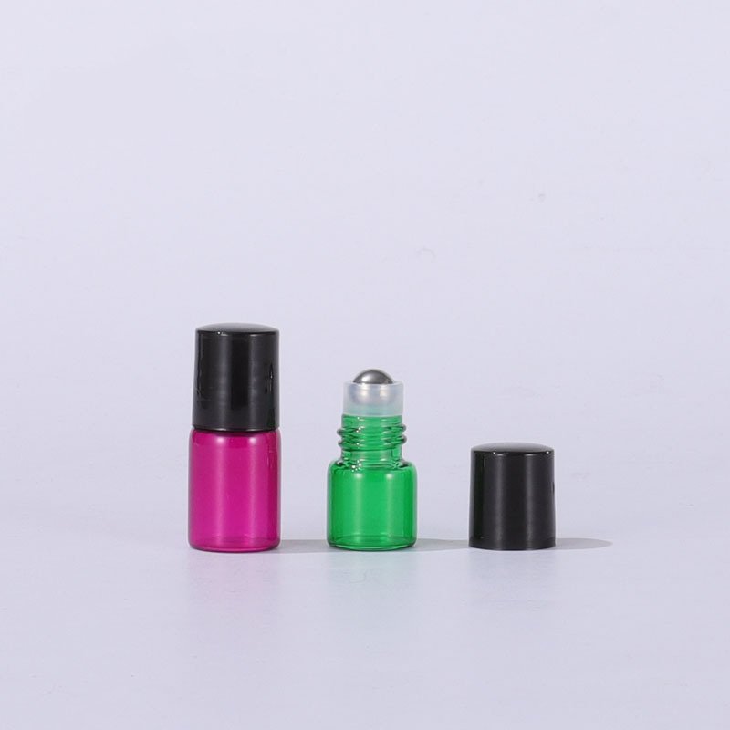 Wholesale essential oil perfume roller bottle clear amber blue pink purple green 1ml 2ml 3ml 5ml glass roll on bottle with cap