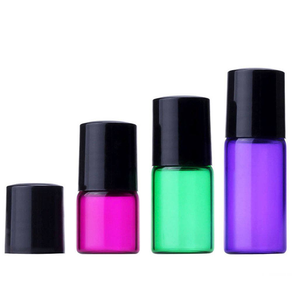 Wholesale essential oil perfume roller bottle clear amber blue pink purple green 1ml 2ml 3ml 5ml glass roll on bottle with cap