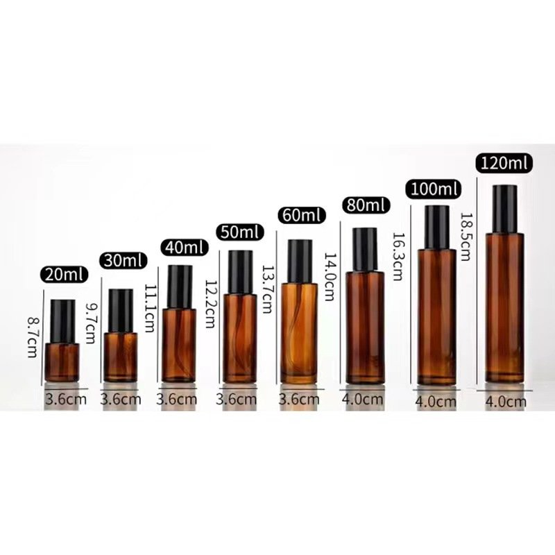 Cosmetic Packaging 30ml 40ml 50ml 60ml 100ml 120ml Amber thick perfume spray serum glass bottles with atomizer