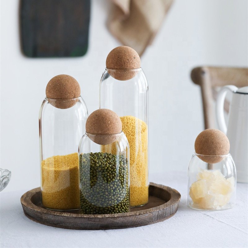 Food grade borosilicate glass jar with cork airtight lid for kitchen storage