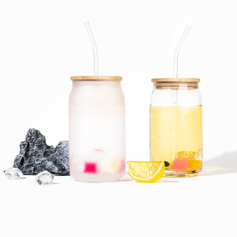 16oz Custom wholesale glass bottles with straw and bamboo lid 350ml 500ml water drink bottle glass jar juice cup milk bottle