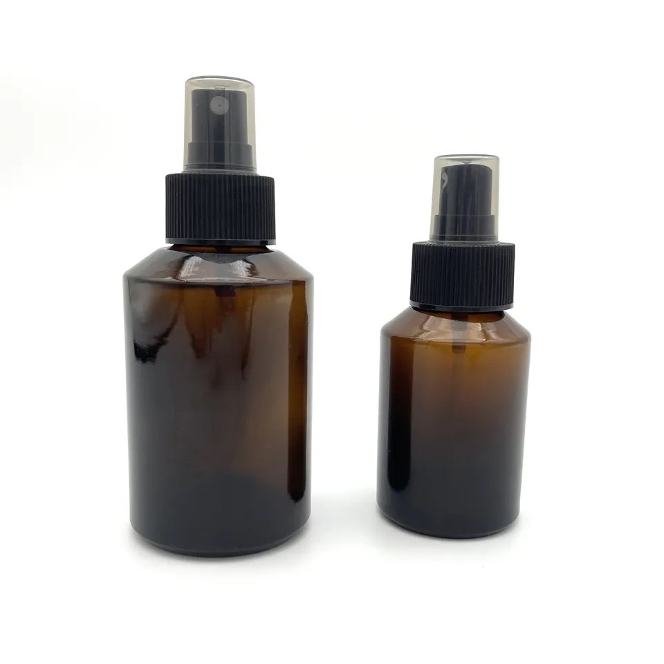 Empty oblique shoulder amber cosmetic glass bottle15g - 50g 100ml 125ml 200ml with emulsion pumpluxury cosmetic glass bottle set