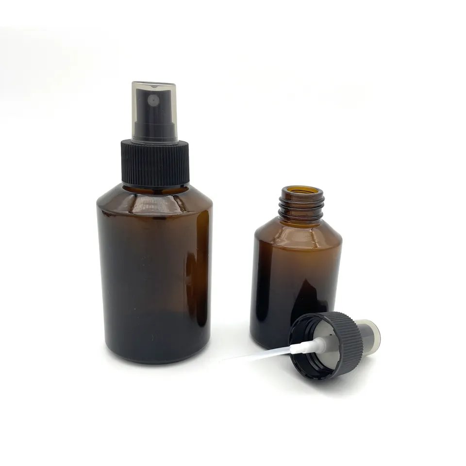 Empty oblique shoulder amber cosmetic glass bottle15g - 50g 100ml 125ml 200ml with emulsion pumpluxury cosmetic glass bottle set